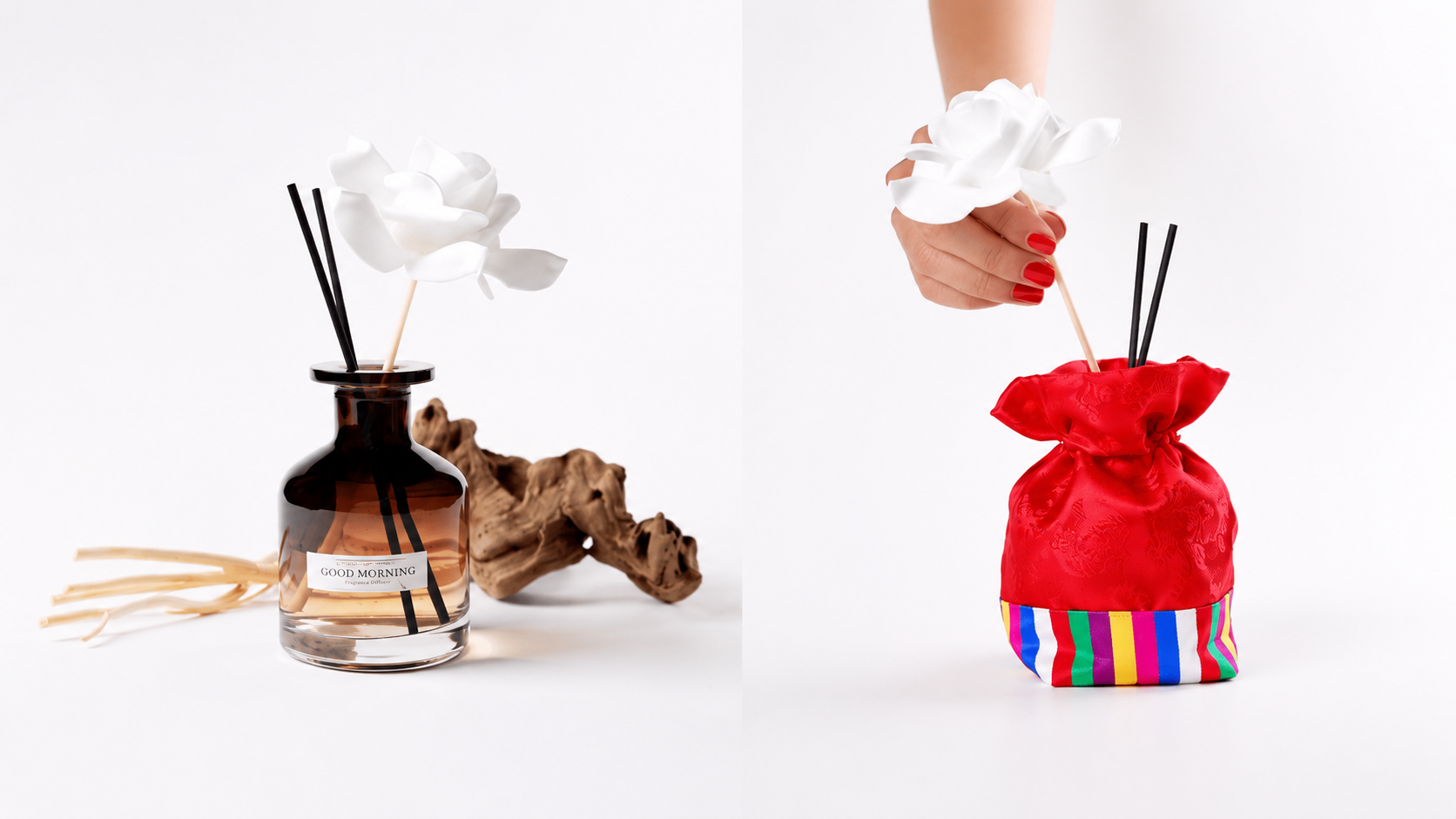 Two-panel image: left shows a brown glass diffuser bottle with a white flower and black reeds; right shows a hand placing a white flower into a red satin gift bag with a colorful striped base.