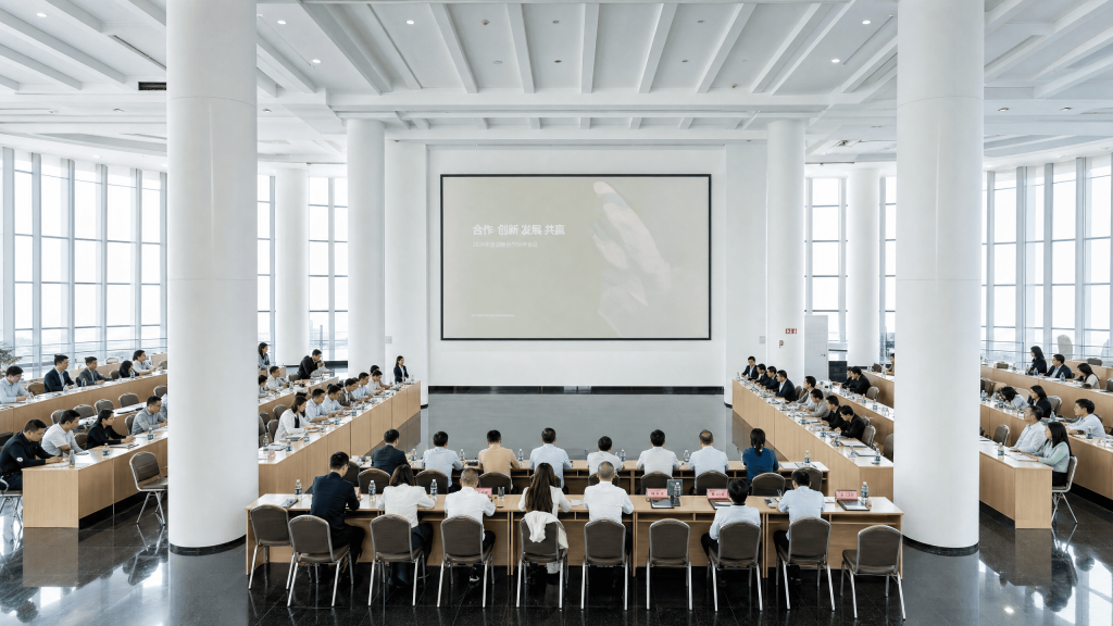 Large conference room with attendees seated around U-shaped desks facing a central projection screen.
