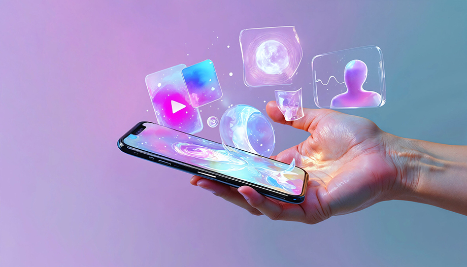 Hand holding a smartphone with colorful holographic app icons and graphics floating above the screen.