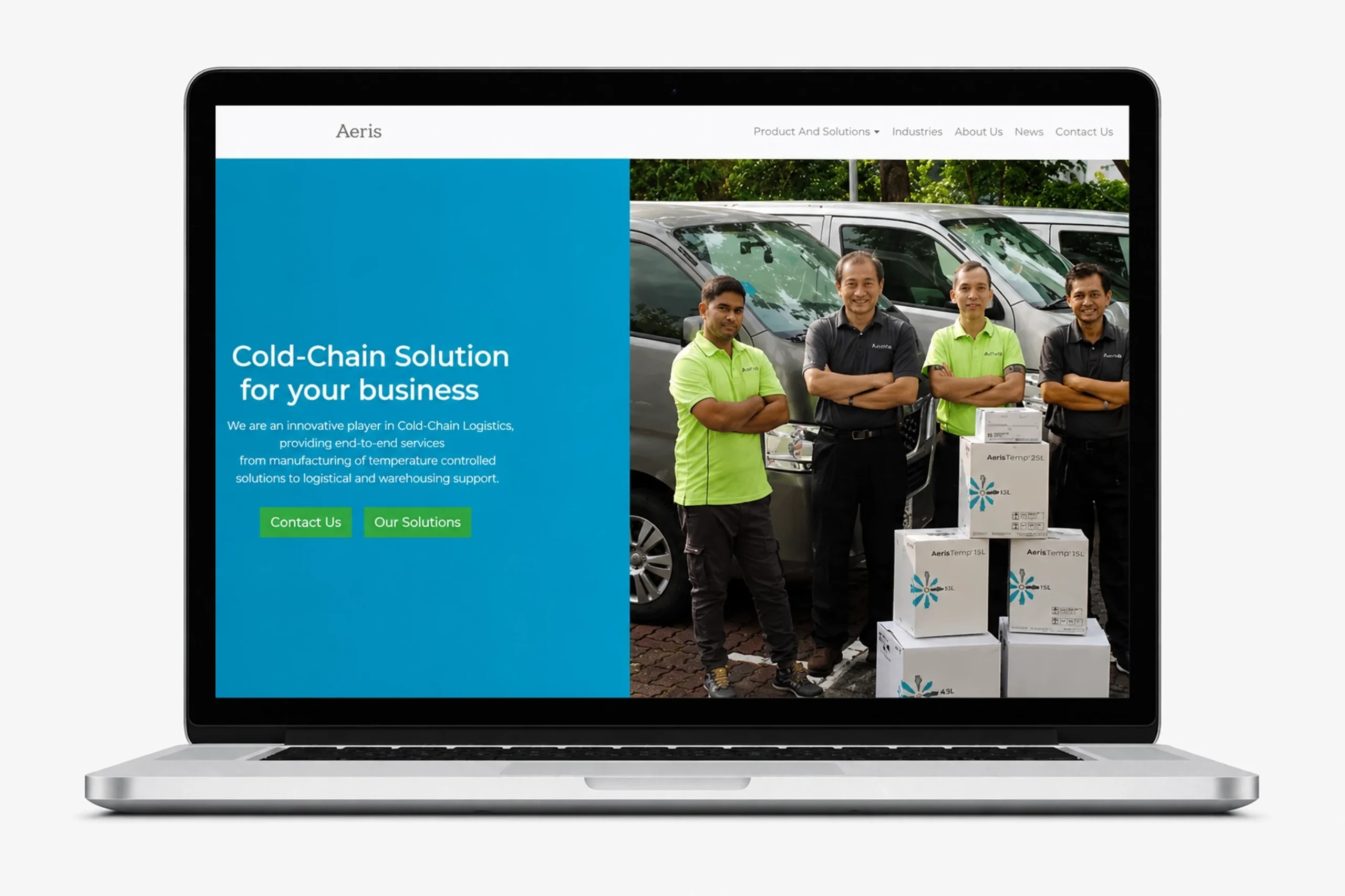 Laptop screen displaying a company website about cold‑chain solutions; blue panel on left with text 'Cold-Chain Solution for your business' and four staff members in green and gray polo shirts posing with boxes beside delivery vans on the right.