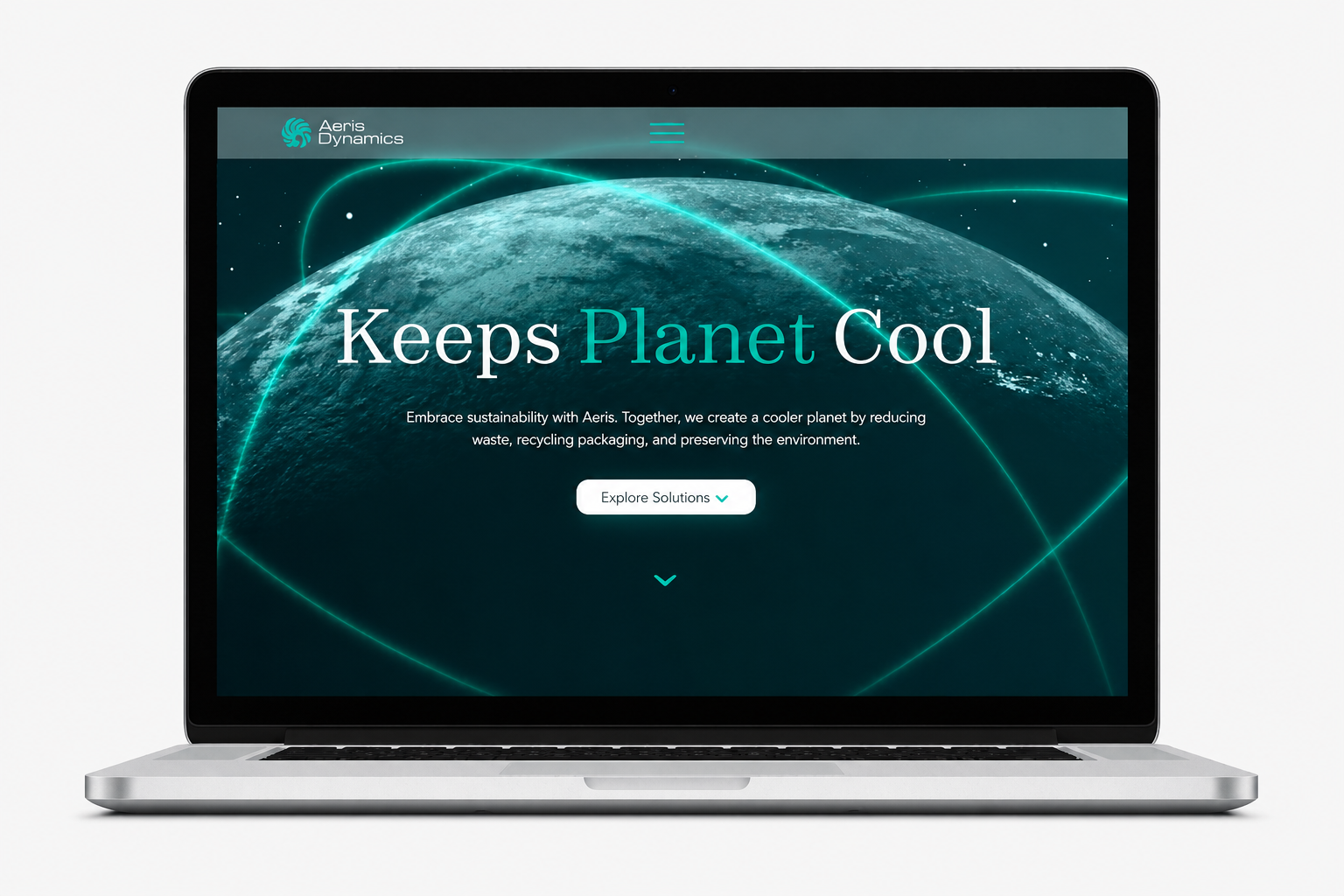 Laptop screen showing Aeris Dynamics hero with Earth image, teal neon arcs, and the title 'Keeps Planet Cool' with an 'Explore Solutions' button.