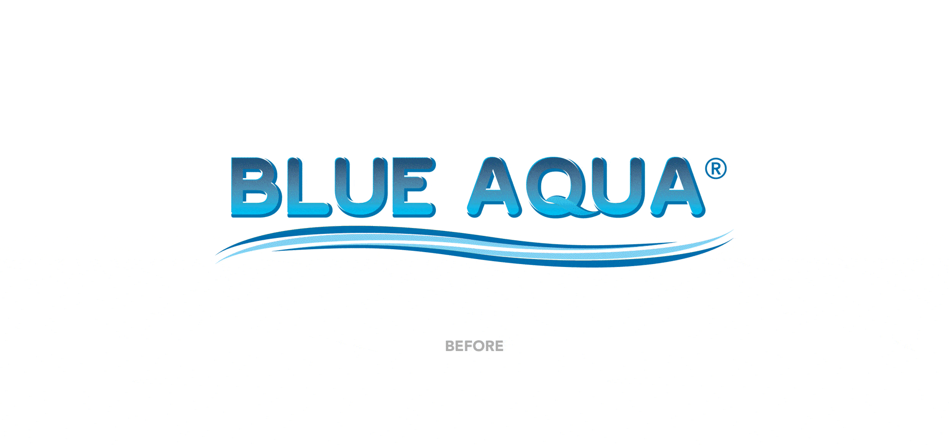 Animated transition sequence showcasing the logo rebrand for Blue Aqua, depicting the change from the original logo design to the updated branding against an illustrated underwater ocean backdrop filled with coral reef life and swimming fish.