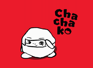 An animated Chachako logo thumbnail featuring the hand-drawn black typography wordmark and a waving charcoal character mascot on a bright red background.
