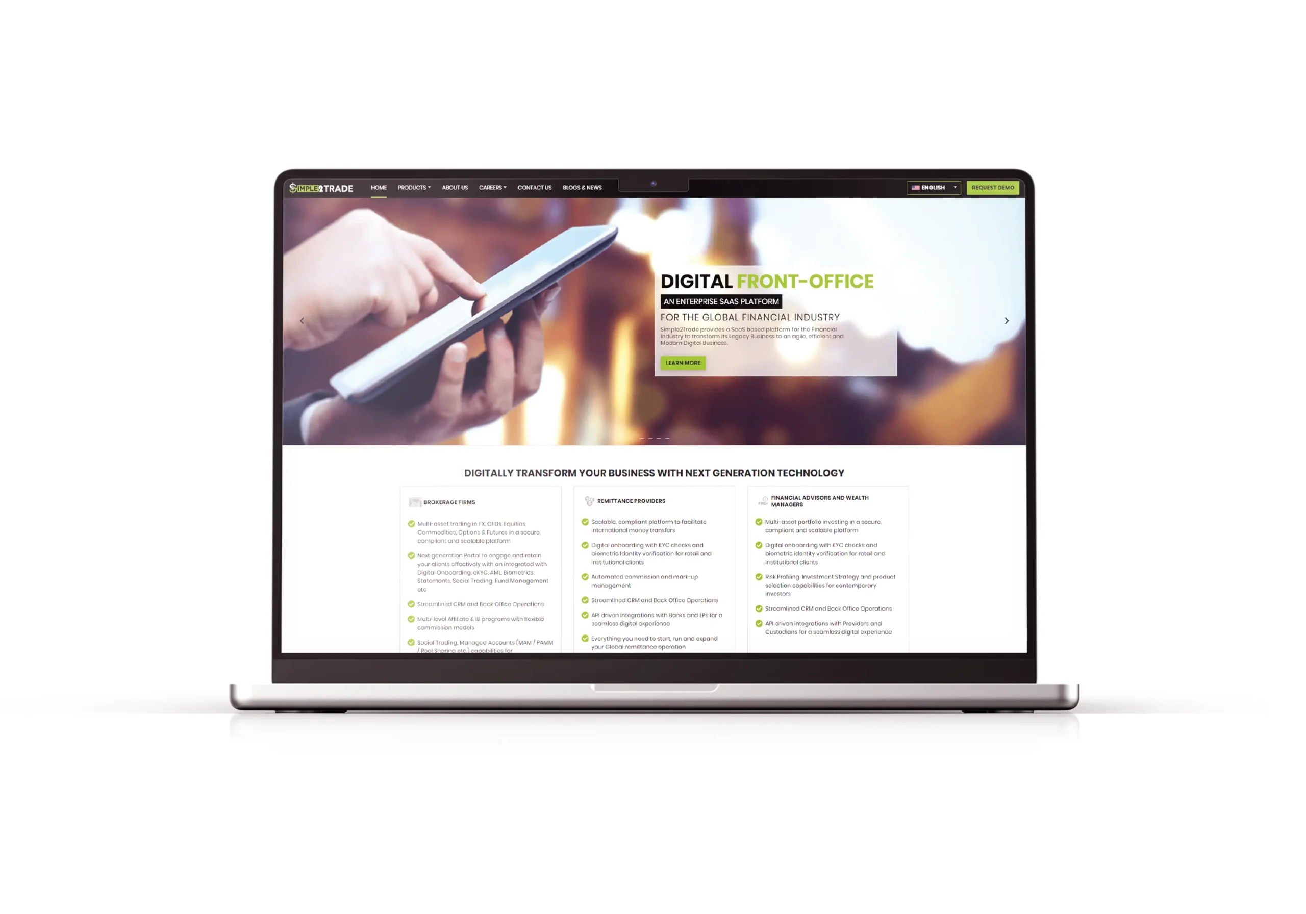 Laptop screen displaying the previous FYNXT website design with a lighter layout, featured image, and green action buttons under "Digital Front-Office."