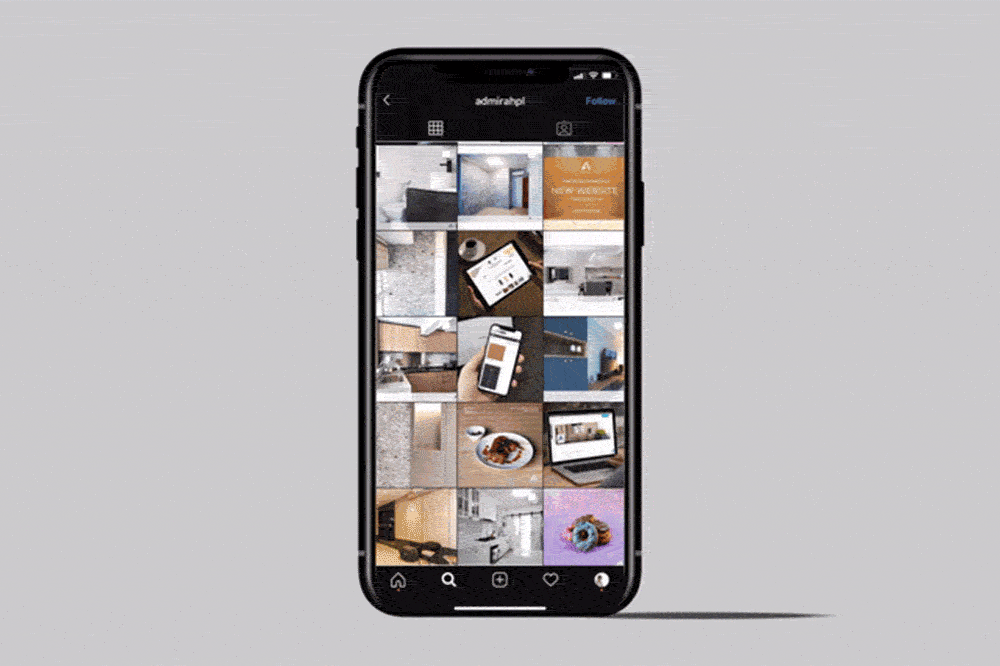Smartphone showing an Instagram grid of photo thumbnails on a dark device against a light gray background.