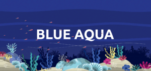 Undersea banner graphic with "BLUE AQUA" text, vibrant coral reefs, sea plants, and small fish swimming in dark blue ocean water.