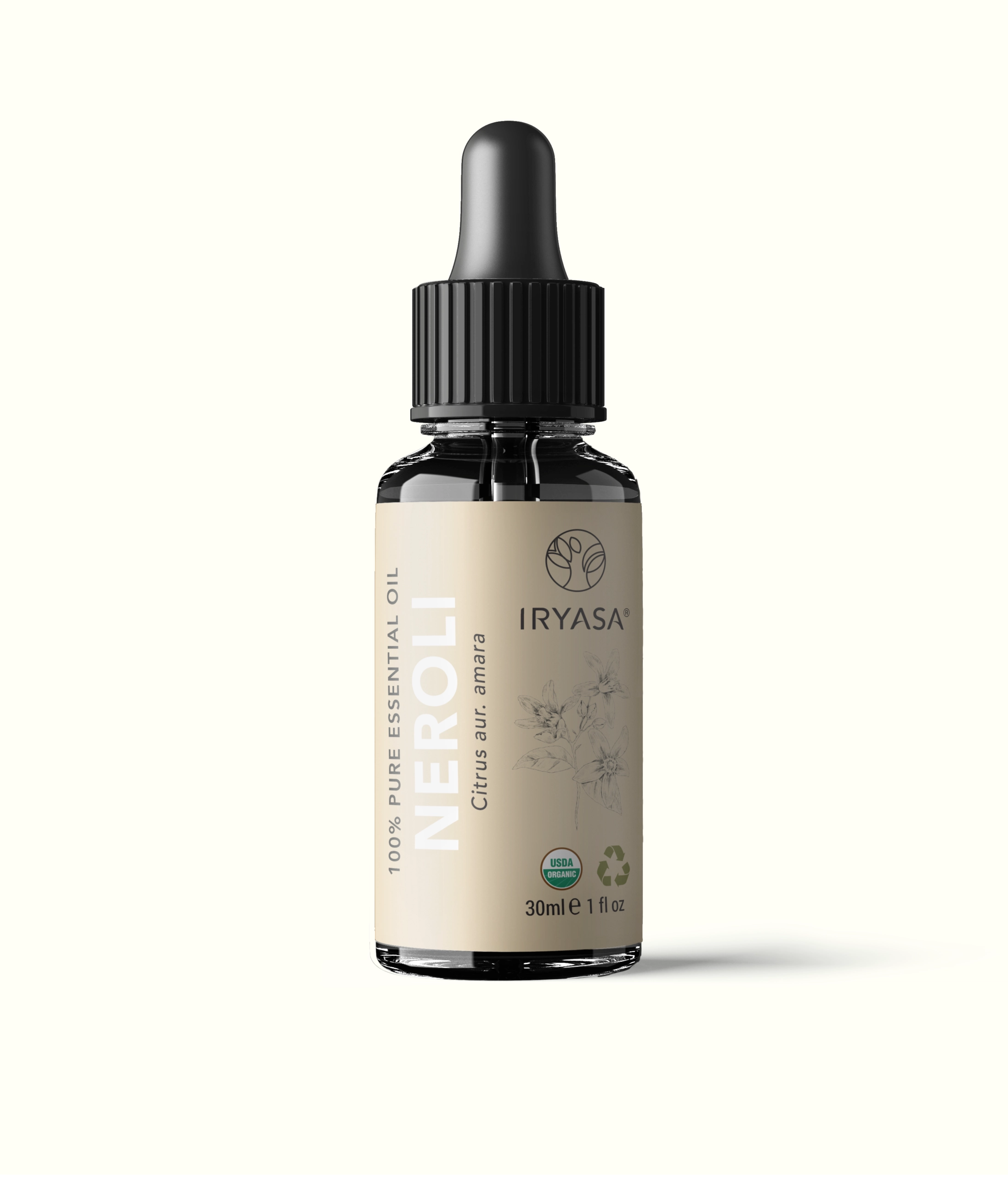 Close-up of a dark glass dropper bottle with a black ribbed cap and a beige label featuring botanical illustrations; 30 ml size.