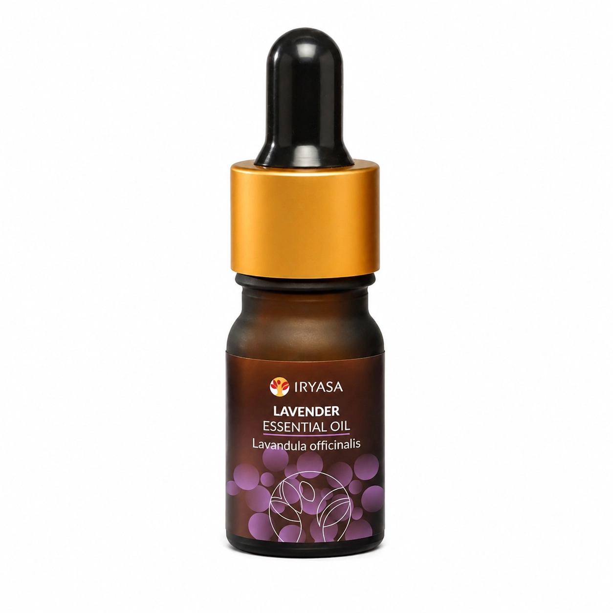 Bottle of Iryasa lavender essential oil with a gold dropper cap against a white background, brown glass bottle and purple label logos visible.