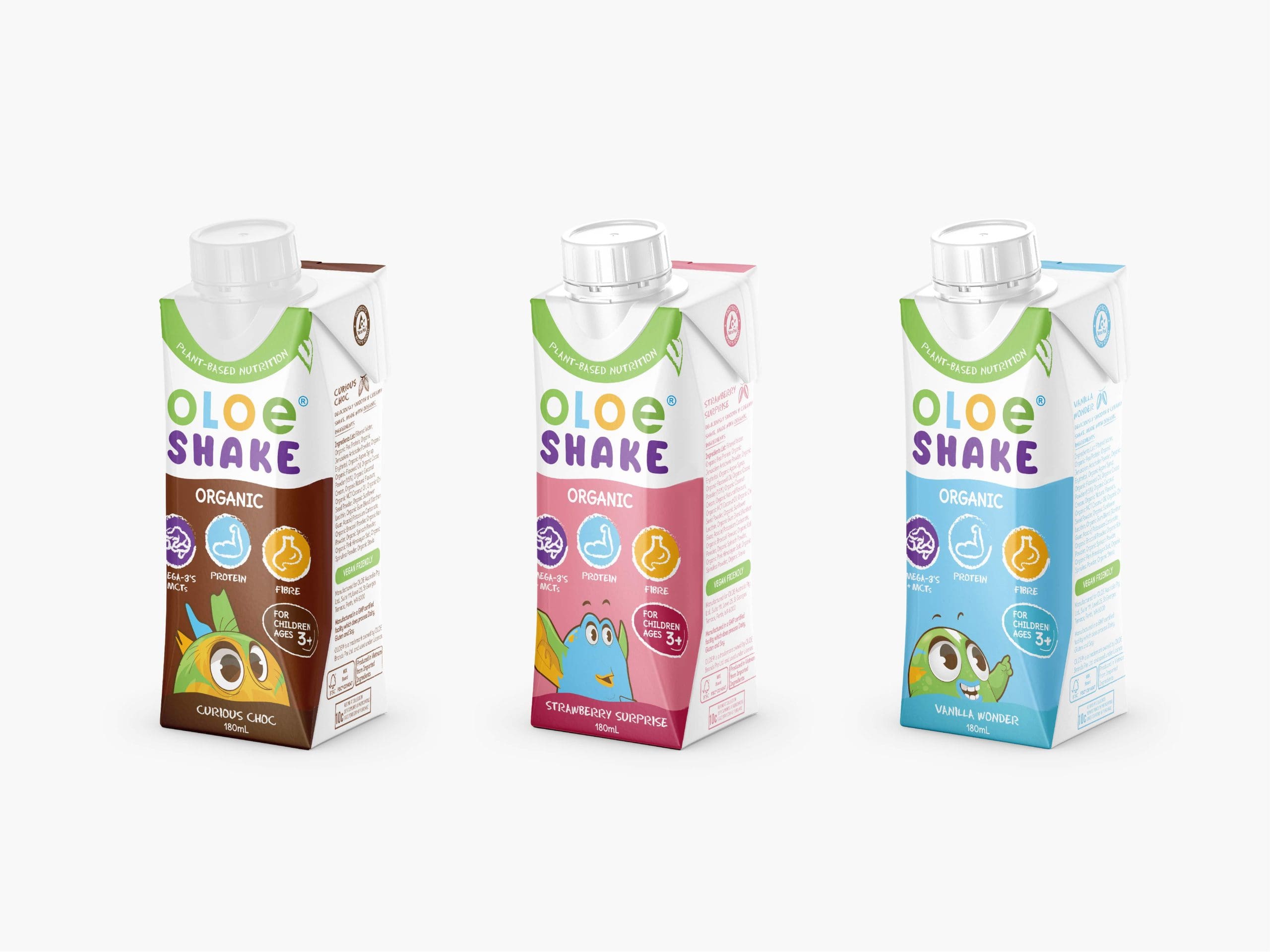 Three redesigned Oloe Shake drink cartons lined up in different flavors (chocolate, pink berry, and blue), featuring a clean white-and-green top design with white caps.