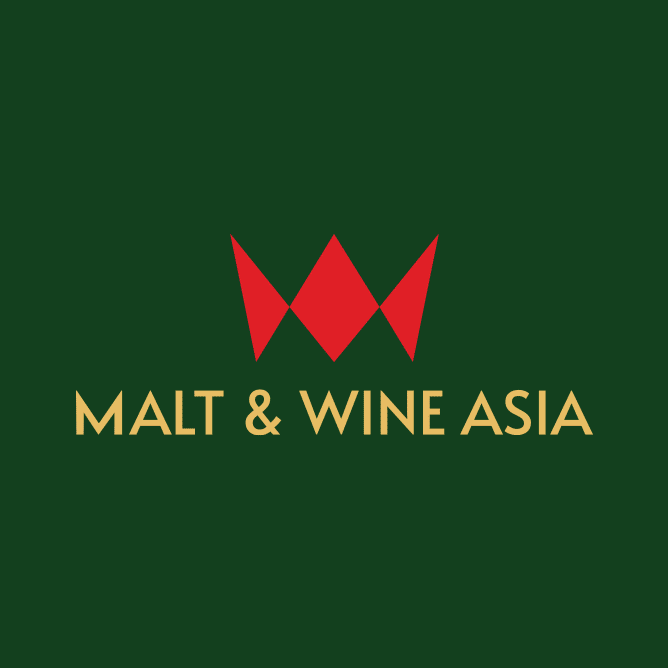 Logo showing a red diamond crown above gold 'MALT & WINE ASIA' text on a dark green background as branding.