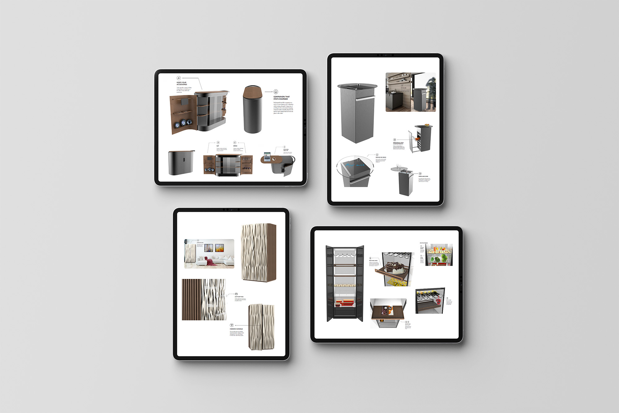 Four tablet screens arranged on a light background, showcasing different concept designs, technical layouts, and renders for modern furniture and cabinetry.
