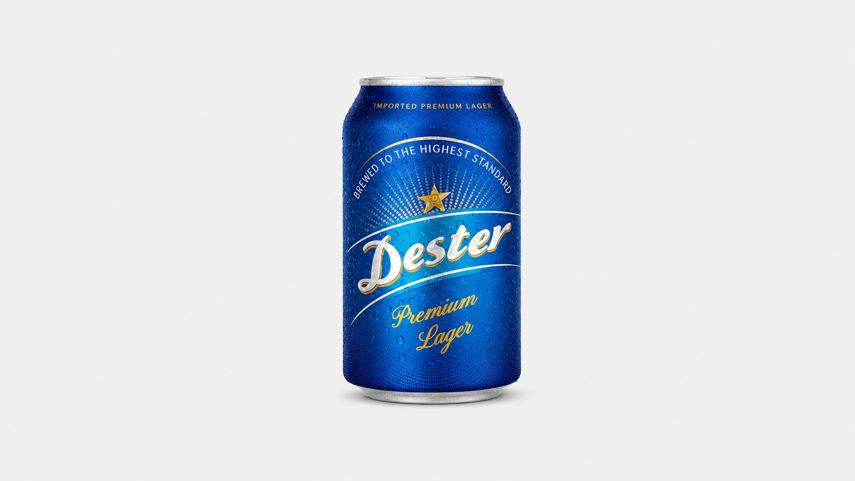 Blue beer can displaying the original Dester Premium Lager packaging design enclosed in a white circular crest graphic.