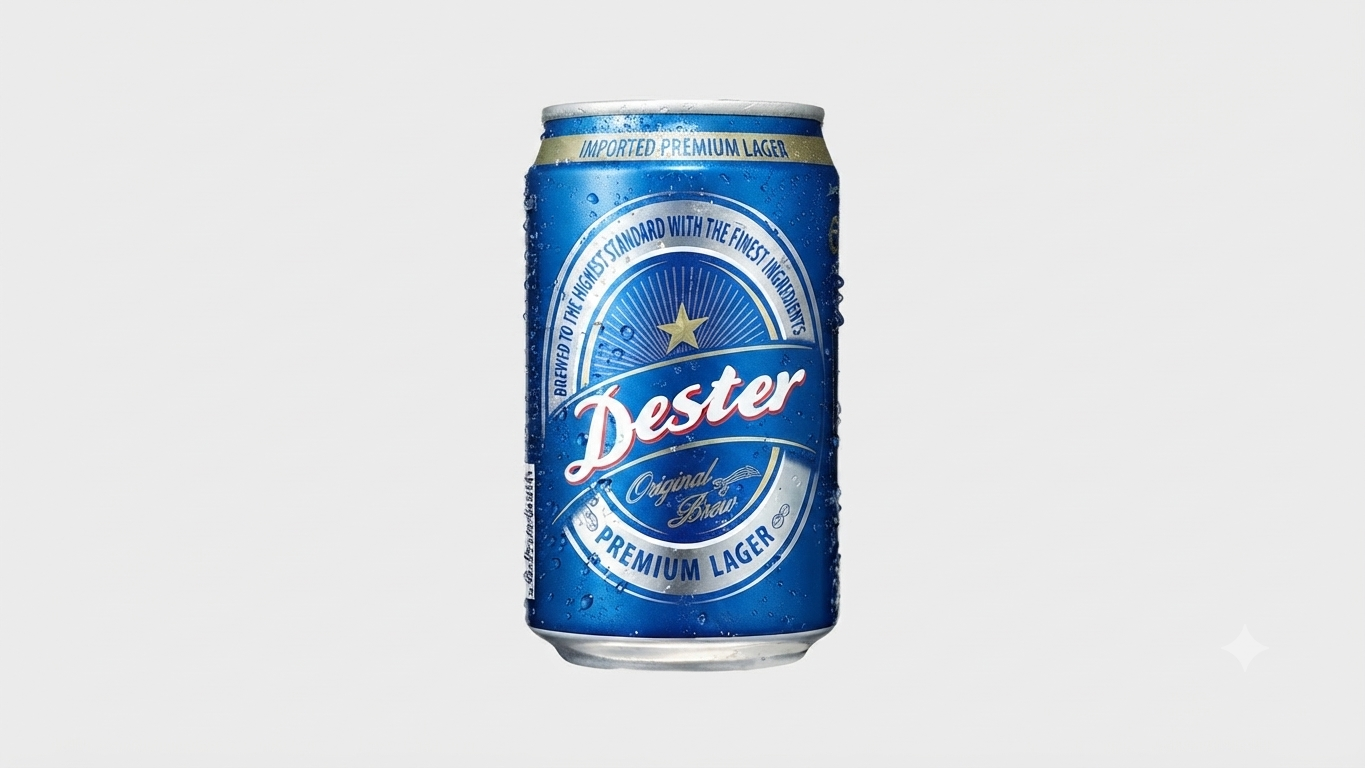 Blue can of Dester Premium Lager with condensation droplets and a bold white–red Dester logo, labeled 'Original Brew' and 'Premium Lager' on a light background.