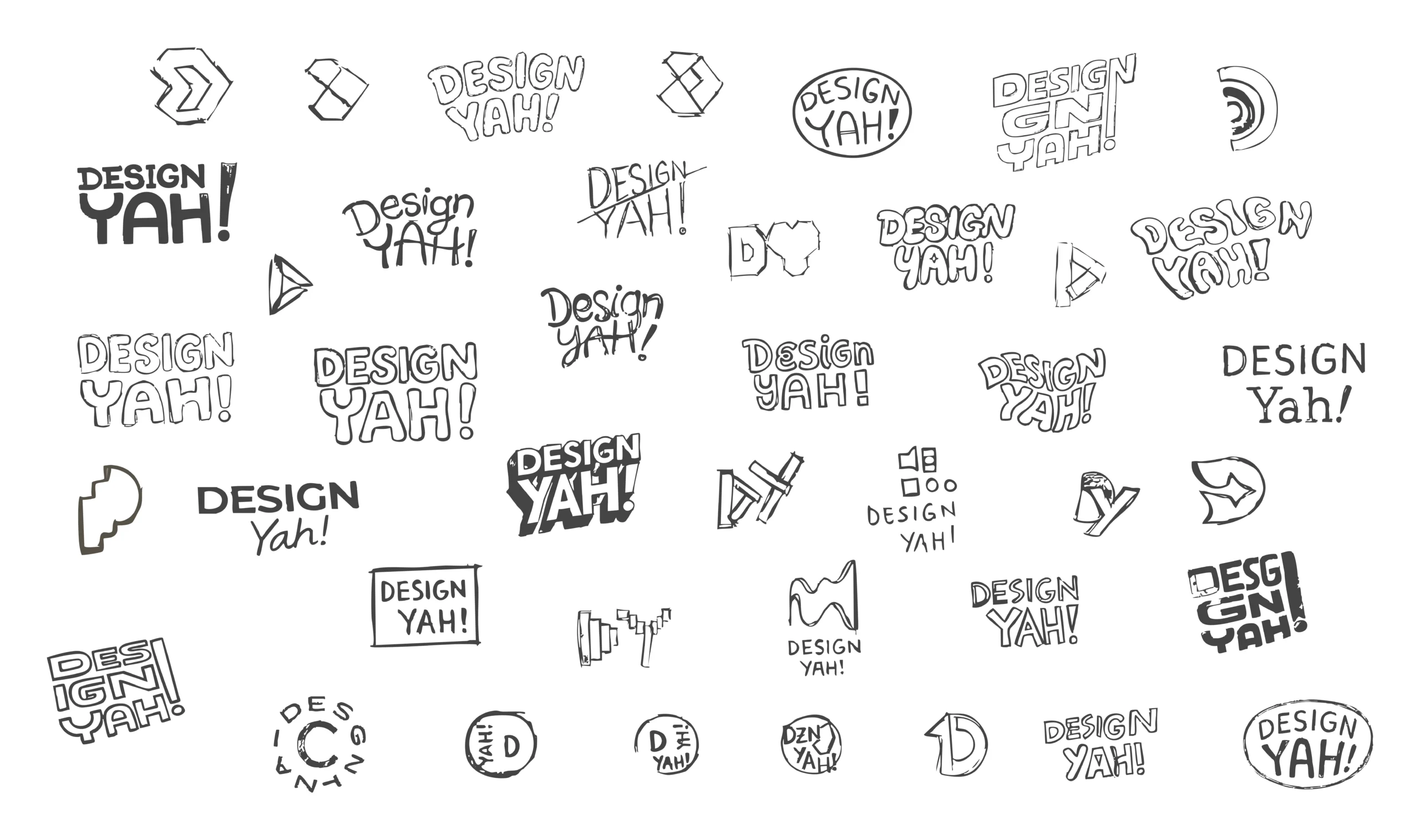 A collection of hand-drawn logo sketches and conceptual typography featuring various iterations of the phrase "DESIGN YAH!" in different styles, layouts, and typefaces.