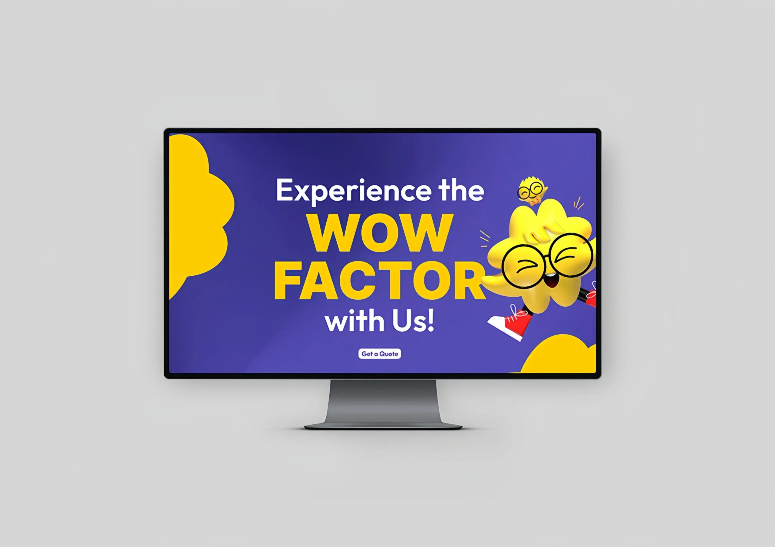 Desktop monitor displaying the redesigned website banner reading "Experience the WOW FACTOR with Us!" alongside playful yellow cartoon character illustrations on a purple background.