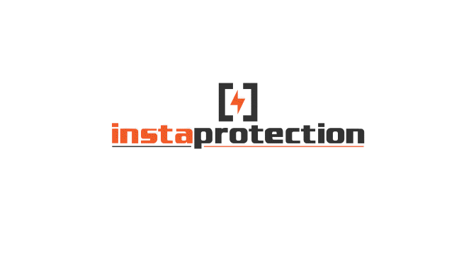 Animated GIF showing the logo rebrand for Instaprotection, transitioning from an old tech-style wordmark with a lightning bolt inside brackets to a new, modern lowercase font featuring an orange owl head integrated into the letter "o."