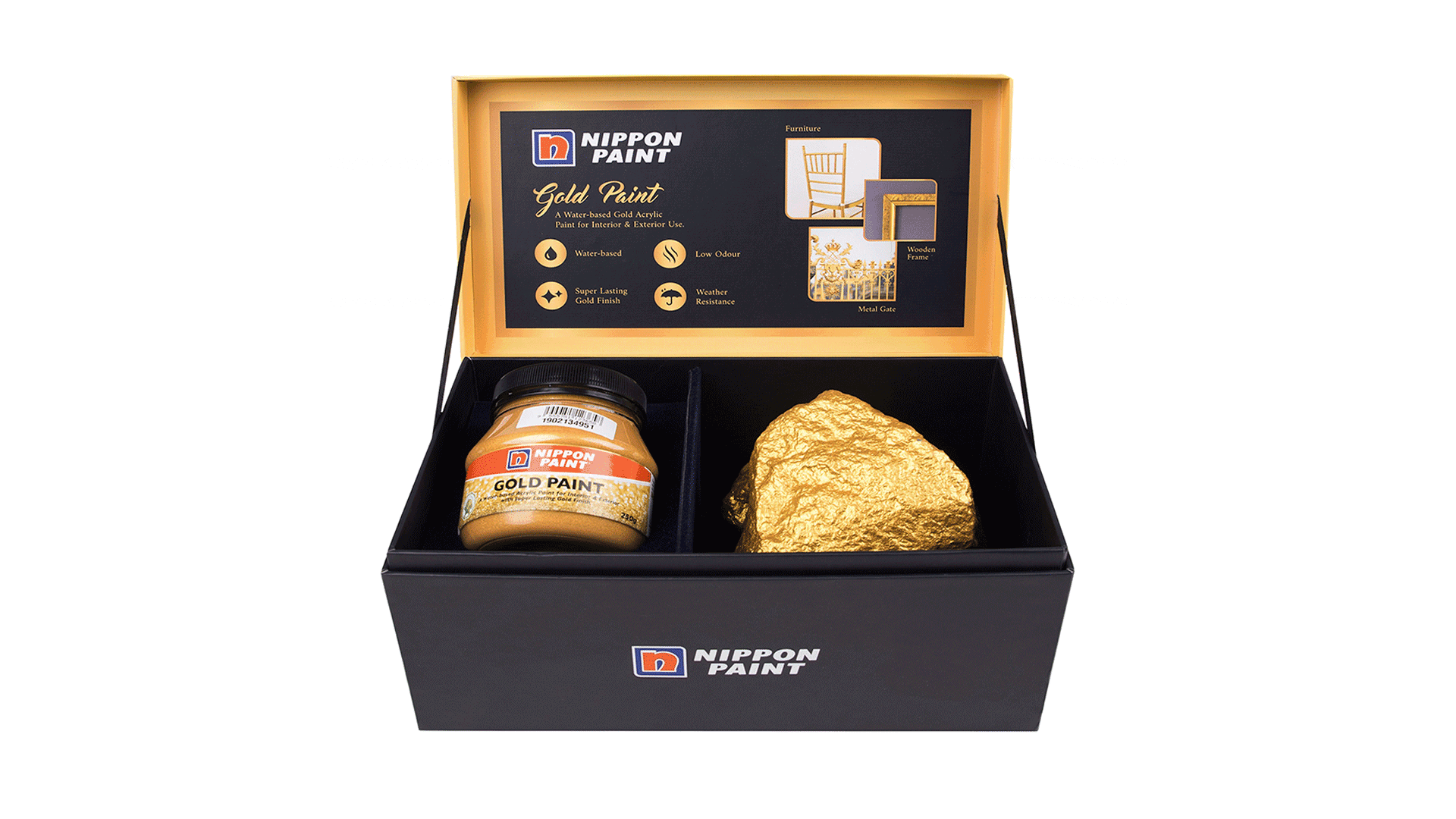 Open black gift box with gold interior showing a Nippon Paint Gold Paint jar on the left and a textured gold nugget on the right, branding visible on the lid