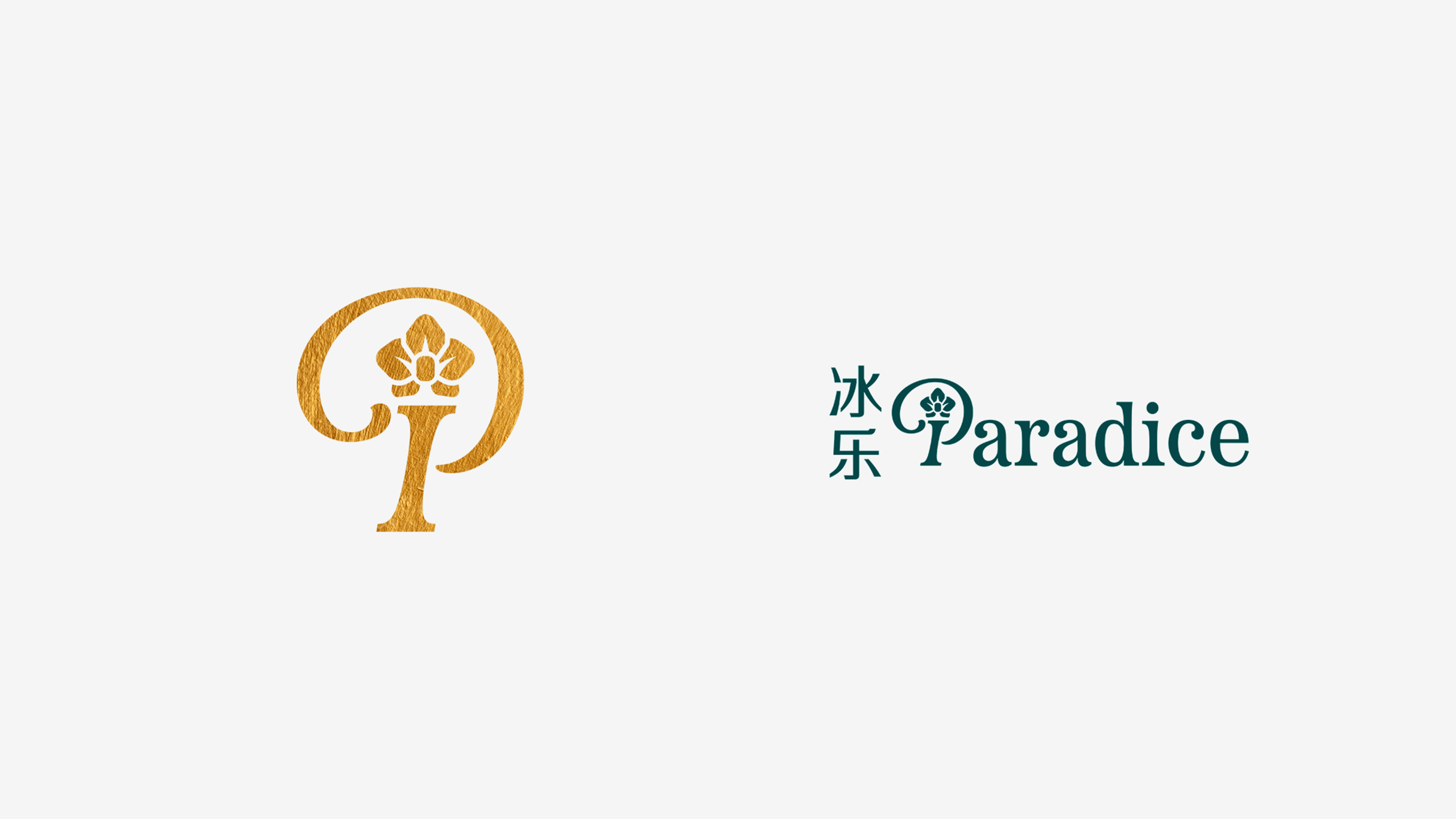 Two logos: a gold ornamental 'P' with a flower motif on the left and a teal 'Paradice' wordmark with Chinese characters on the right.