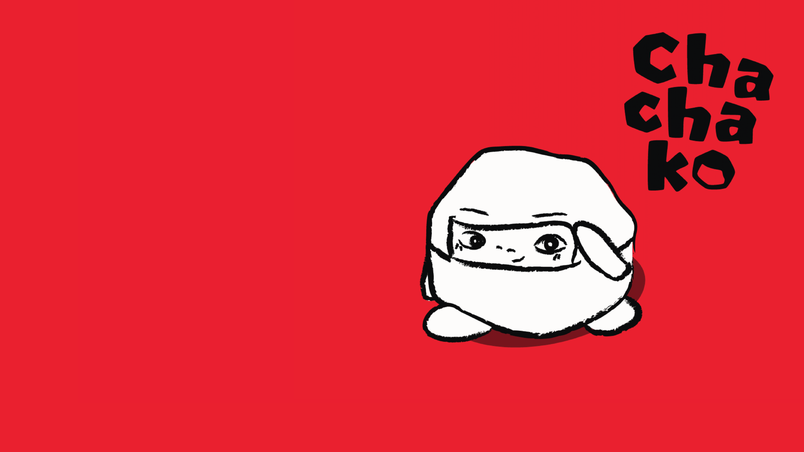 The final Chachako logo featuring a black, hand-drawn typography wordmark alongside an illustrated charcoal character mascot waving on a vibrant red background.