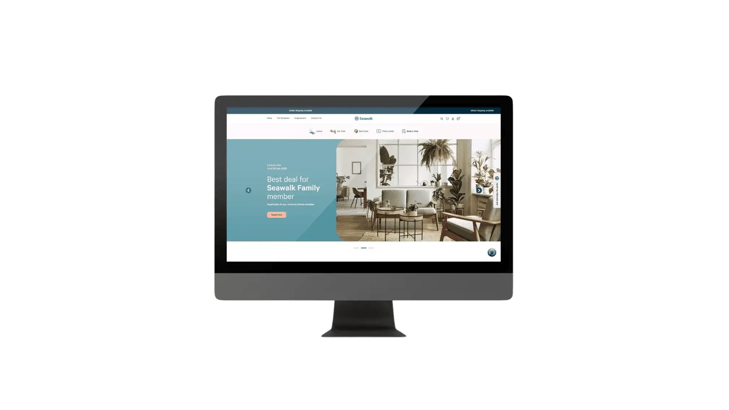 A desktop monitor displaying the updated, modern website homepage for Seawalk Hardware Company, featuring a hero section with a cozy living room photo, soft teal accents, and clean typography.