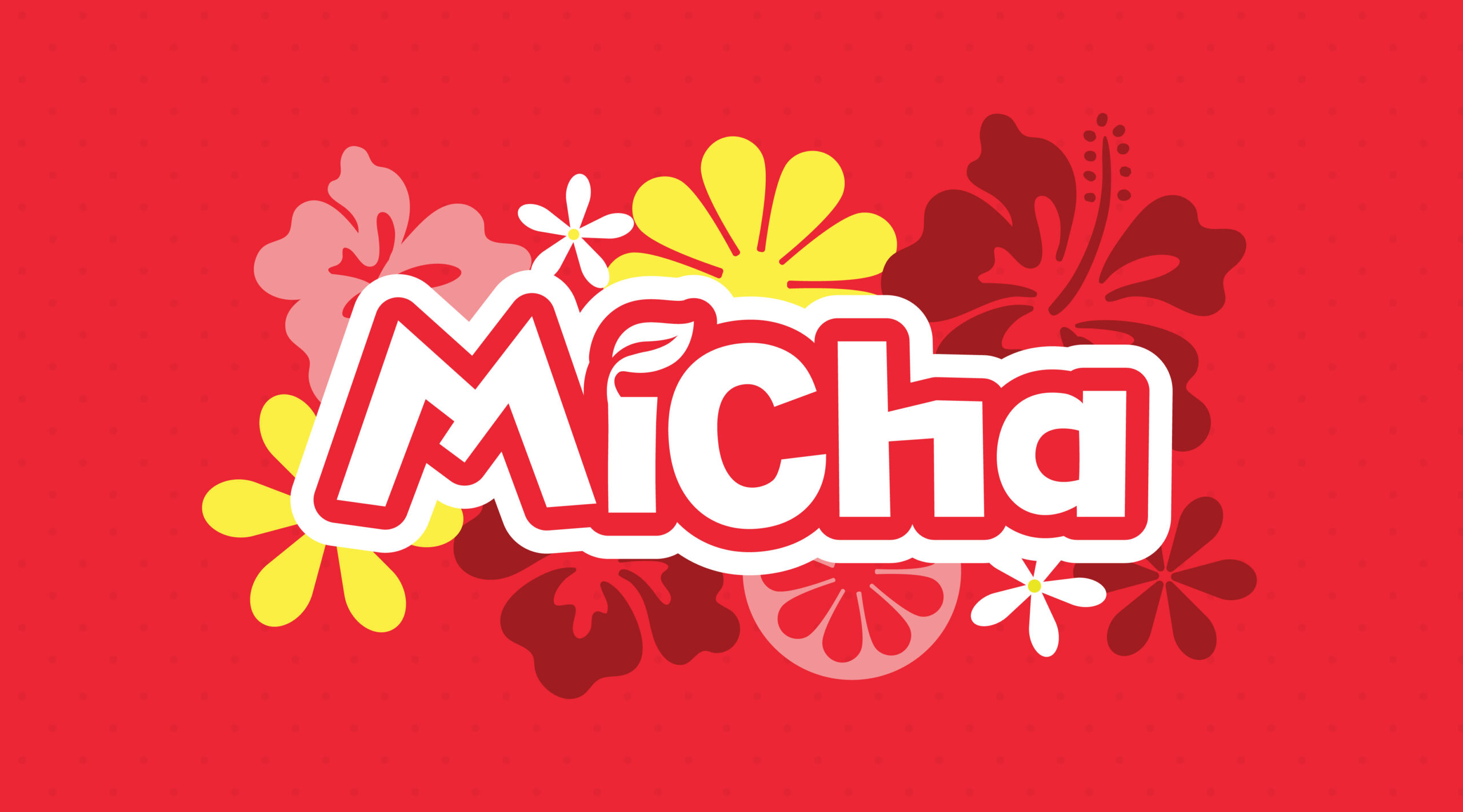 Primary Micha logo with white text, red outlines, and vibrant yellow and floral elements on a red background.