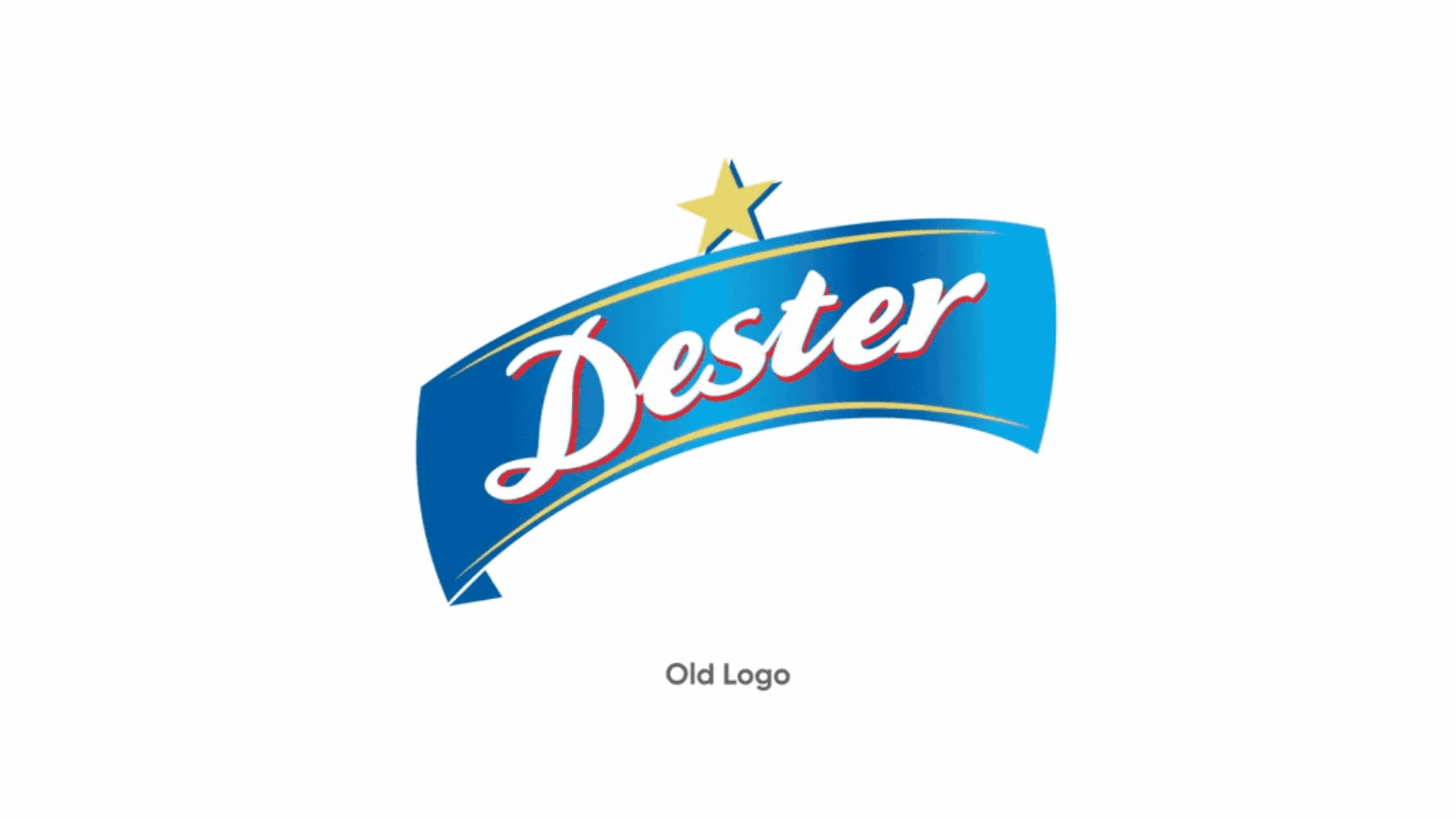 Dester brand logo featuring white script text with a red drop shadow across an arched blue banner, crowned by a five-pointed yellow star at the top.