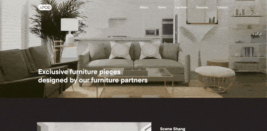 Living room scene with a beige sofa, glass coffee table and plants; white hero text reads 'Exclusive furniture pieces designed by our furniture partners'.