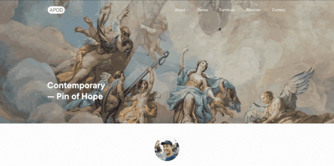 Hero banner featuring a classical painting of angels and figures with the overlaid title 'Contemporary — Pin of Hope' and an APOD logo in the corner.