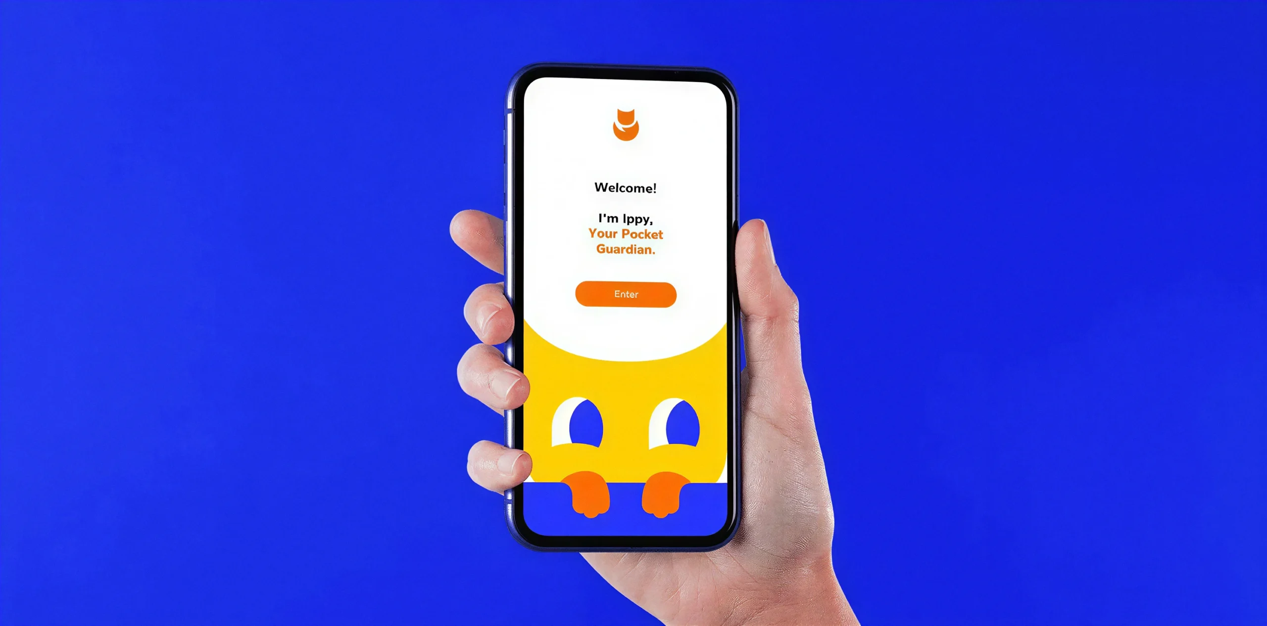 A hand holding a smartphone displaying the updated InstaProtection app interface with a white and yellow welcome screen against a bright blue background.