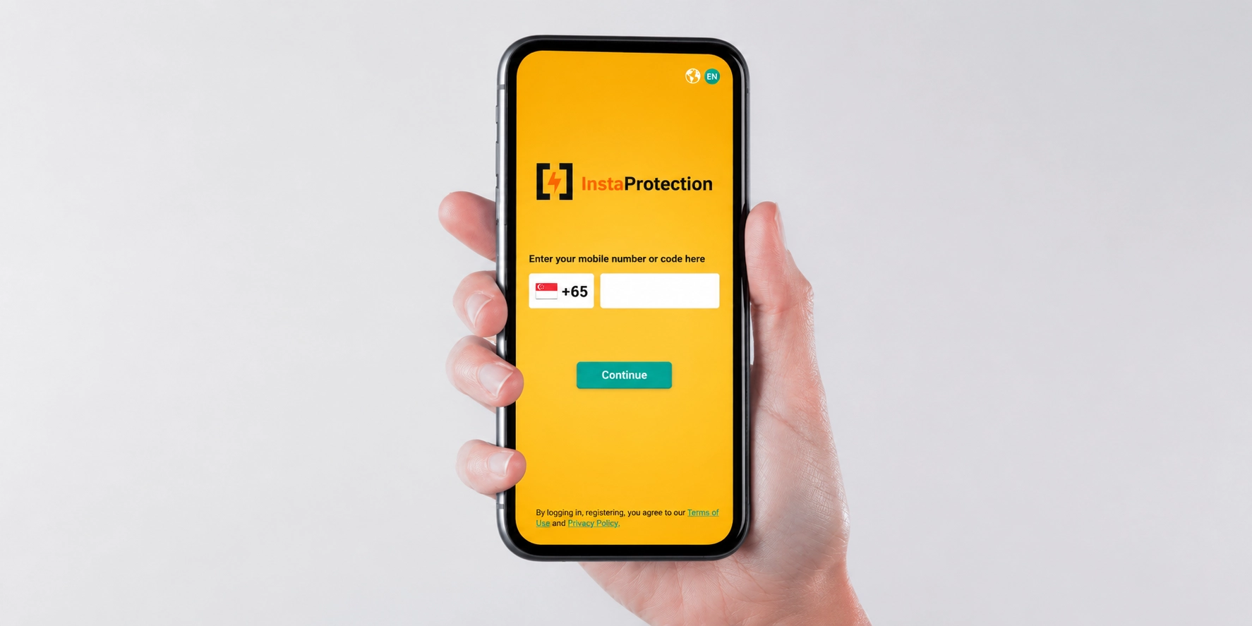 A hand holding a smartphone displaying the previous InstaProtection app interface featuring a yellow login screen with a phone number input field against a light grey background.