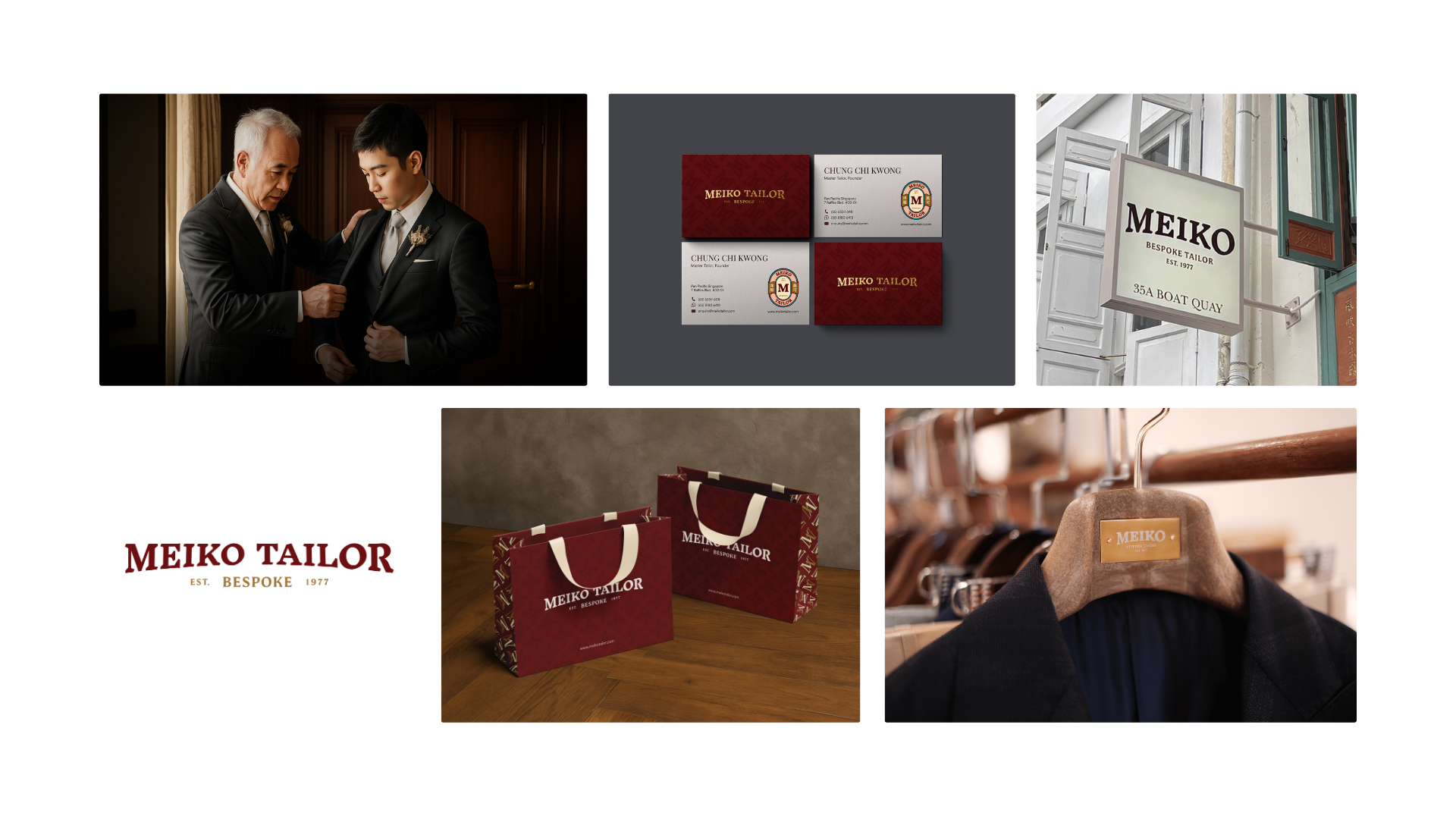 A collage showcasing Meiko Tailor branding, including the bespoke logo, tailoring fitting session, maroon business cards, storefront signage at Boat Quay, branded shopping bags, and a custom wooden hanger.