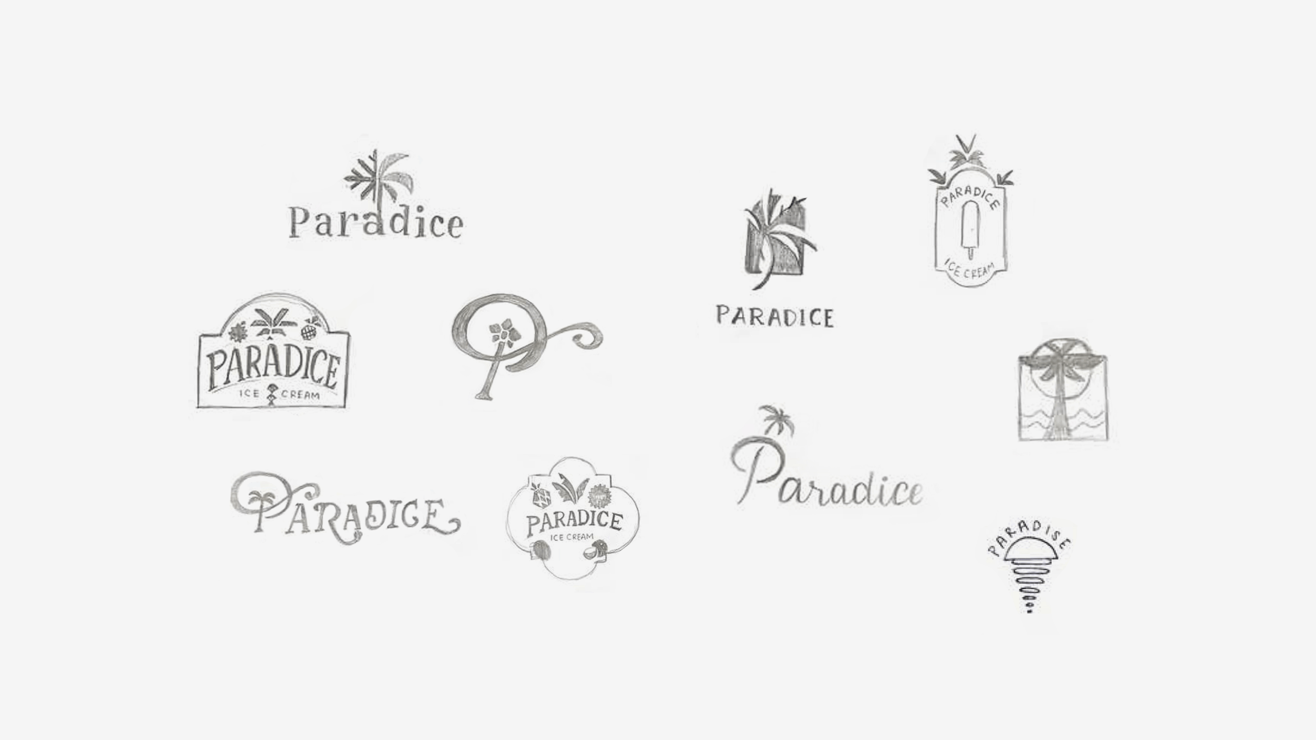 Collection of Paradice Ice Cream logos and icons in a light, sketched style for branding materials