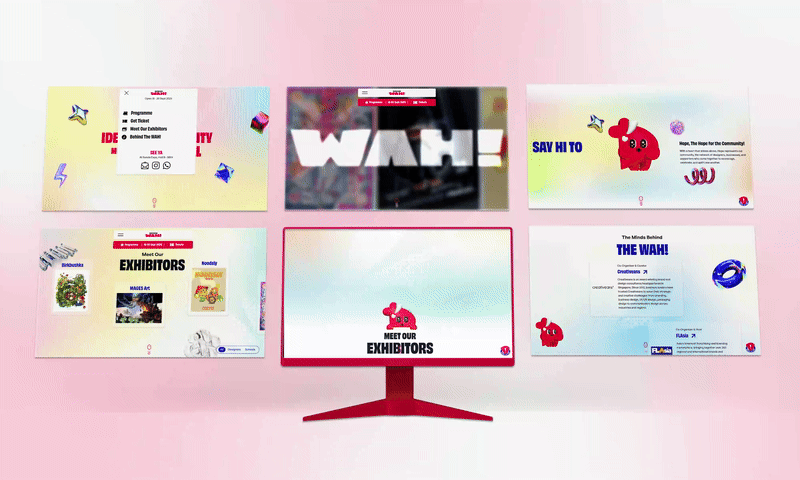 A computer monitor and multiple smaller screens displaying web layouts for the "Design WAH!" digital exhibition.