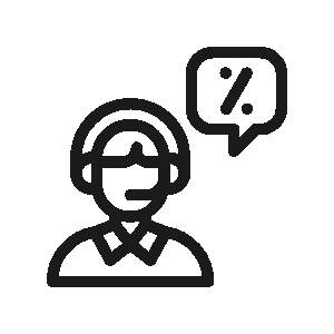 A black line icon depicting a customer service support agent wearing a headset, with a speech bubble containing a percentage symbol (%) appearing next to their head.