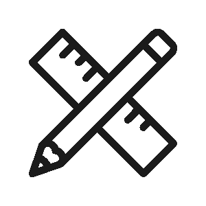 A black line icon depicting a ruler and a pencil positioned diagonally to draw a straight horizontal line below them, representing customization, design, or drafting, set against a transparent checkered background.