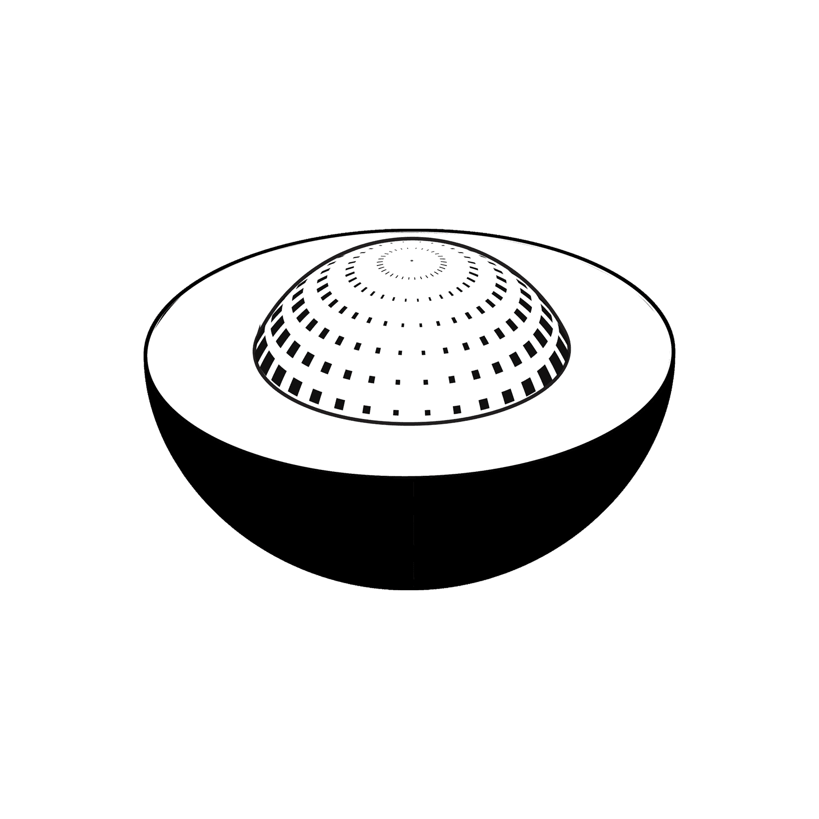 Black and white 3D graphic illustration of a hemispherical cross-section revealing a patterned dome-like inner core with a grid-like halftone texture.