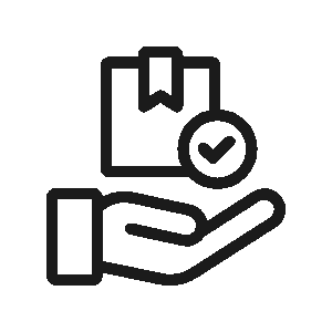 A black line icon depicting an open hand holding a sealed cardboard box package with a prominent checkmark symbol next to it, representing successful delivery, receipt, or service fulfillment, set against a transparent checkered background.
