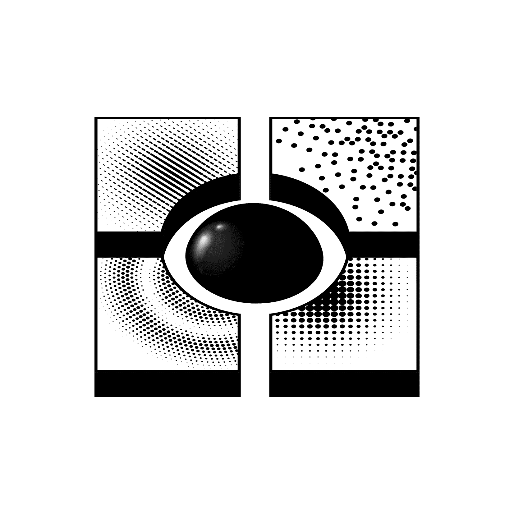 A graphic emblem featuring a central, glossy black eye framed by four distinct quadrants, each styled with a unique black-and-white halftone pattern—diagonal lines, stippled dots, concentric halftone circles, and a classic dot grid.