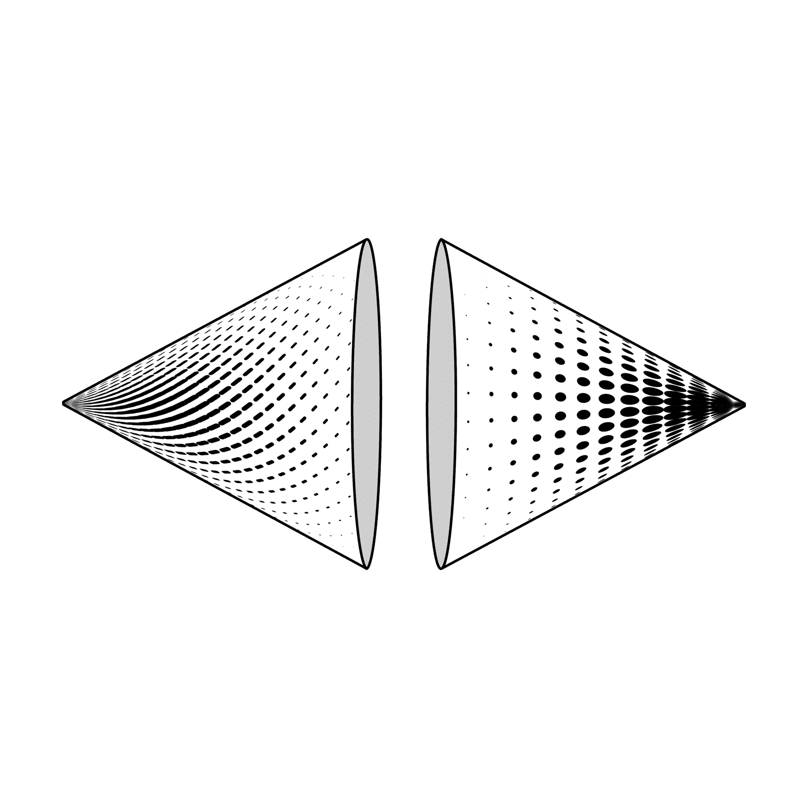 Black and white graphic illustration featuring two horizontal cones facing opposite directions, base-to-base, with distinct halftone patterns—curved lines on the left cone and a dotted gradient on the right cone.