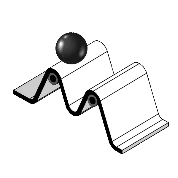 3D isometric illustration of a wavy, corrugated sheet draped over two cylindrical support rods with a ball rolling over it.