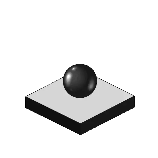 3D isometric black-and-white illustration featuring geometric shapes arranged on a square platform, including a stack of rectangular blocks, a glossy black sphere, hexagonal prisms, a small upright disk, and an inverted triangular prism floating above.