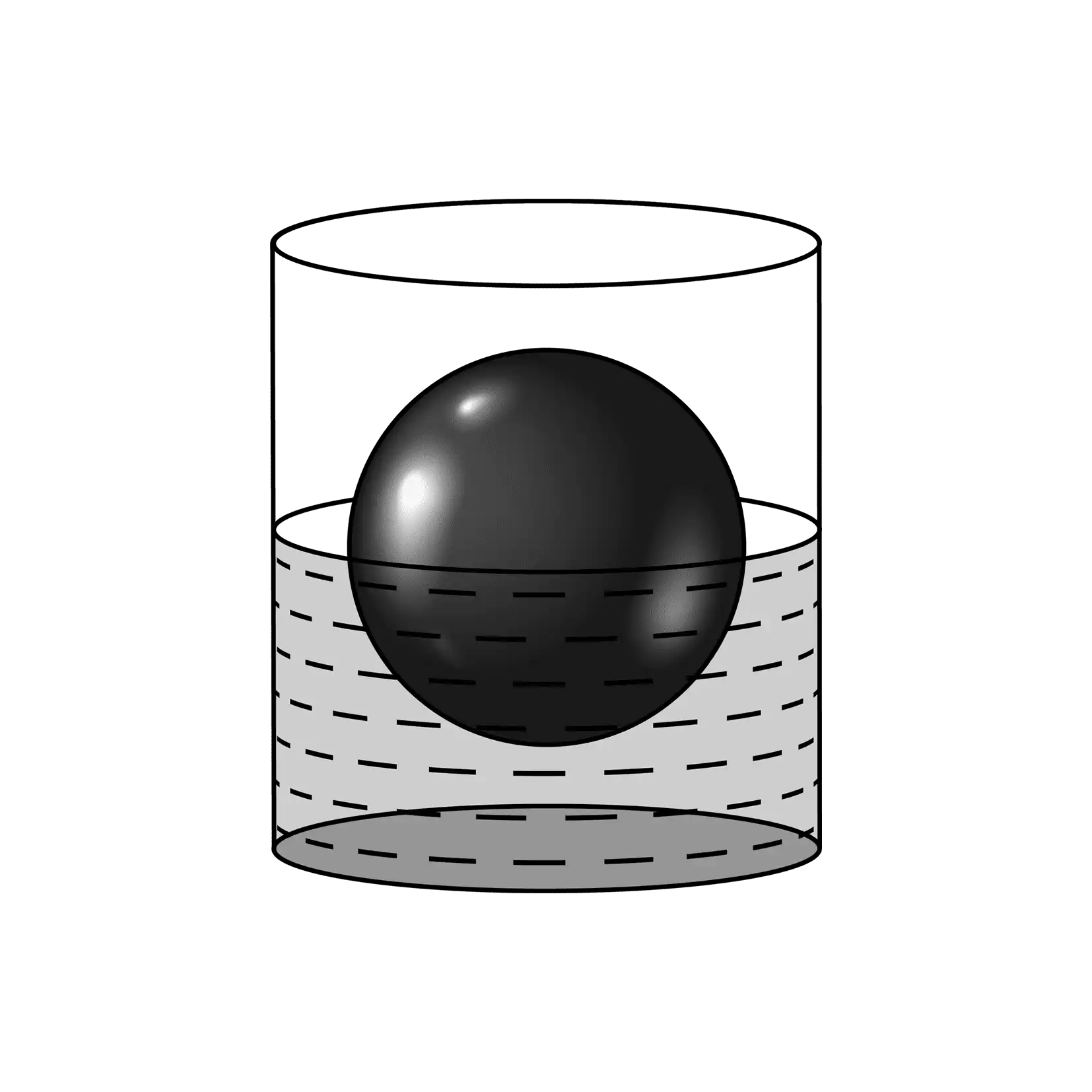 Black 3D sphere partially submerged in liquid inside a clear glass cylinder.