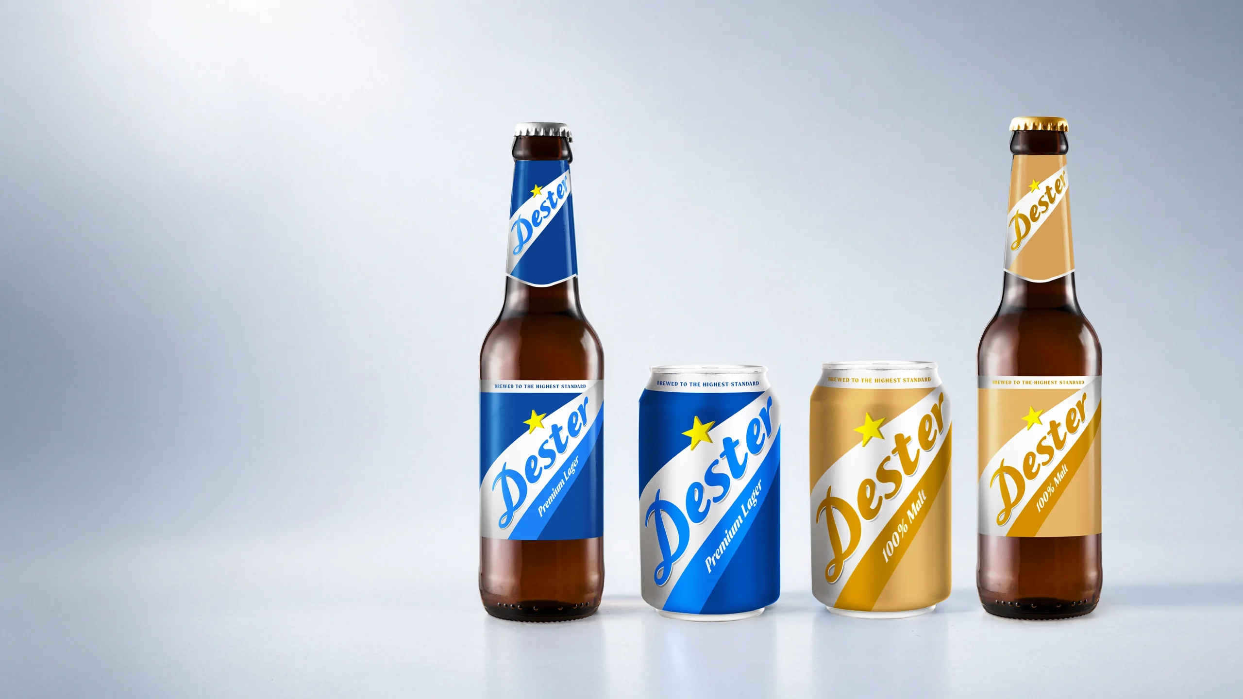 Row of beer bottles and cans with blue and gold labels against a light background, arranged in a line.