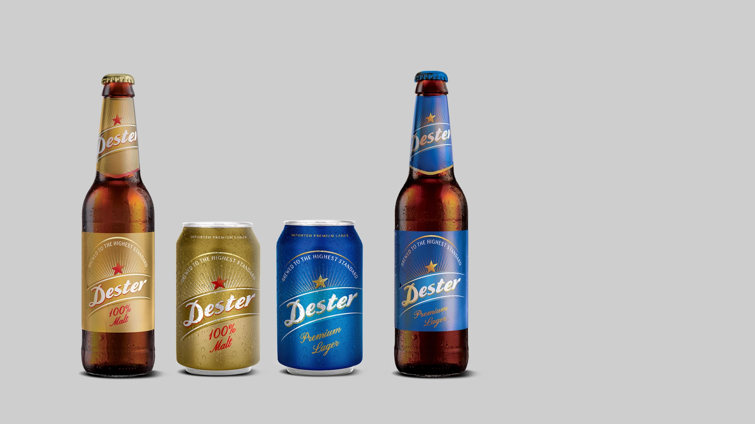Assortment of four Dester beer containers (two bottles and two cans) arranged against a gray background.