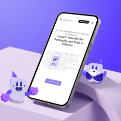 Promotional illustration of a tilted smartphone showing an app screen, with two friendly purple mascots on a purple 3D background.