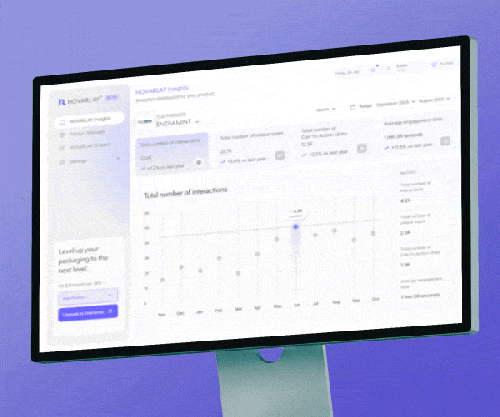 Tilted monitor showing a software analytics dashboard with a left navigation panel and a central chart.